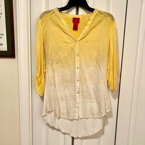LIKE NEW Christina Yellow and White Asymmetrical 3/4 Sleeve Blouse, size L